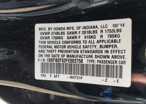 2015 Honda Civic Lx from USA, damaged, VIN 19XFB2F52FE003758